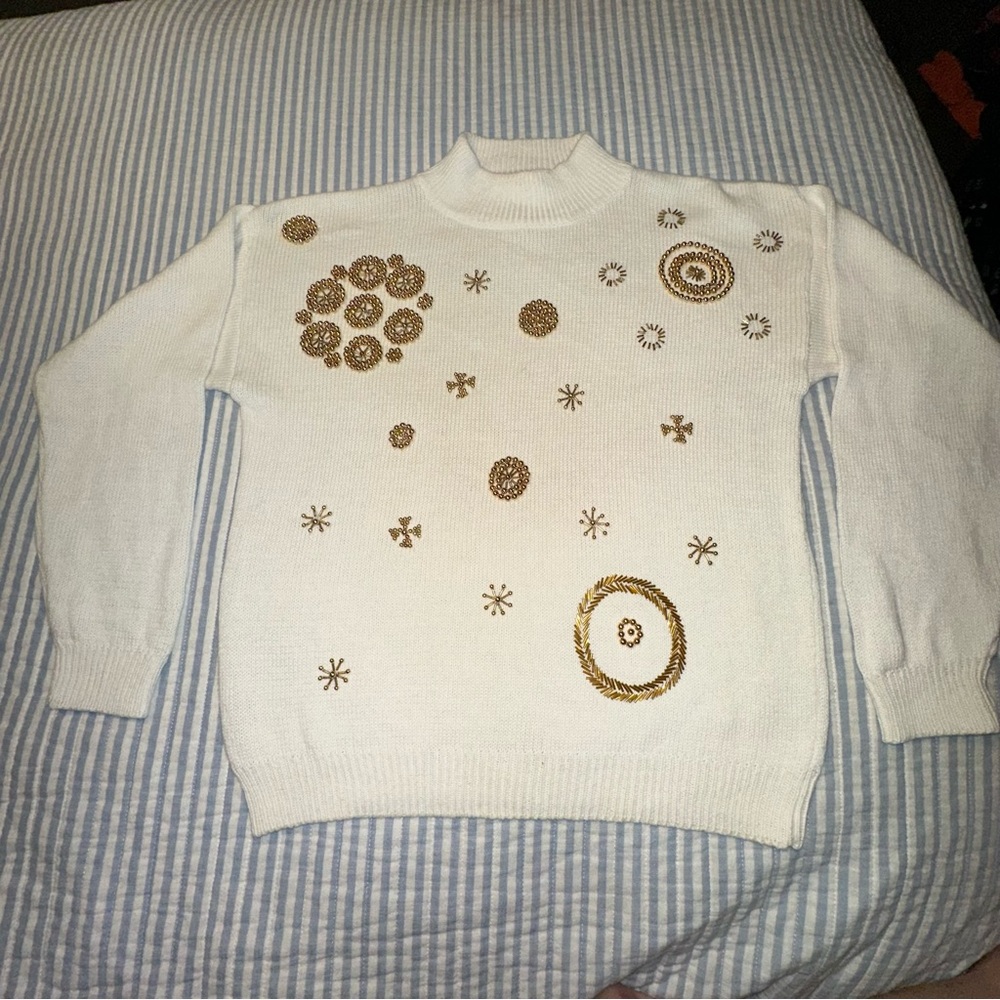 Vintage Cream White Mock Neck Sweater Gold Beaded Embellished Festive Pullover